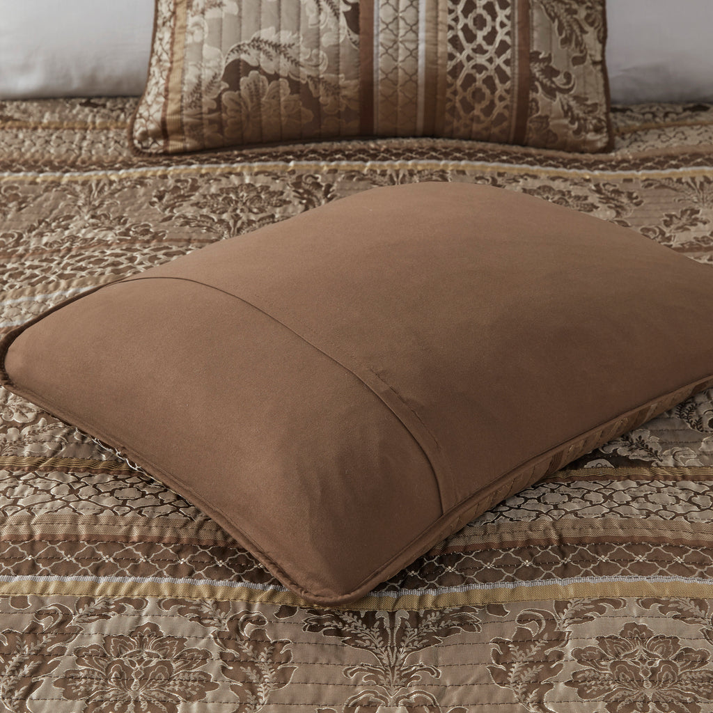6 Piece Jacquard Quilt Set with Throw Pillows Brown/Gold King/Cal King
