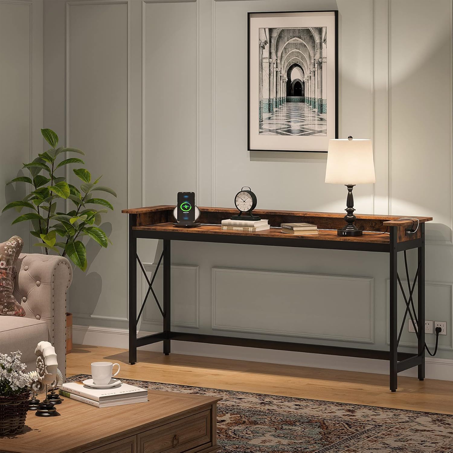 Console Table With Charging Station, Extra Long For Living Hallway - Brown / Black
