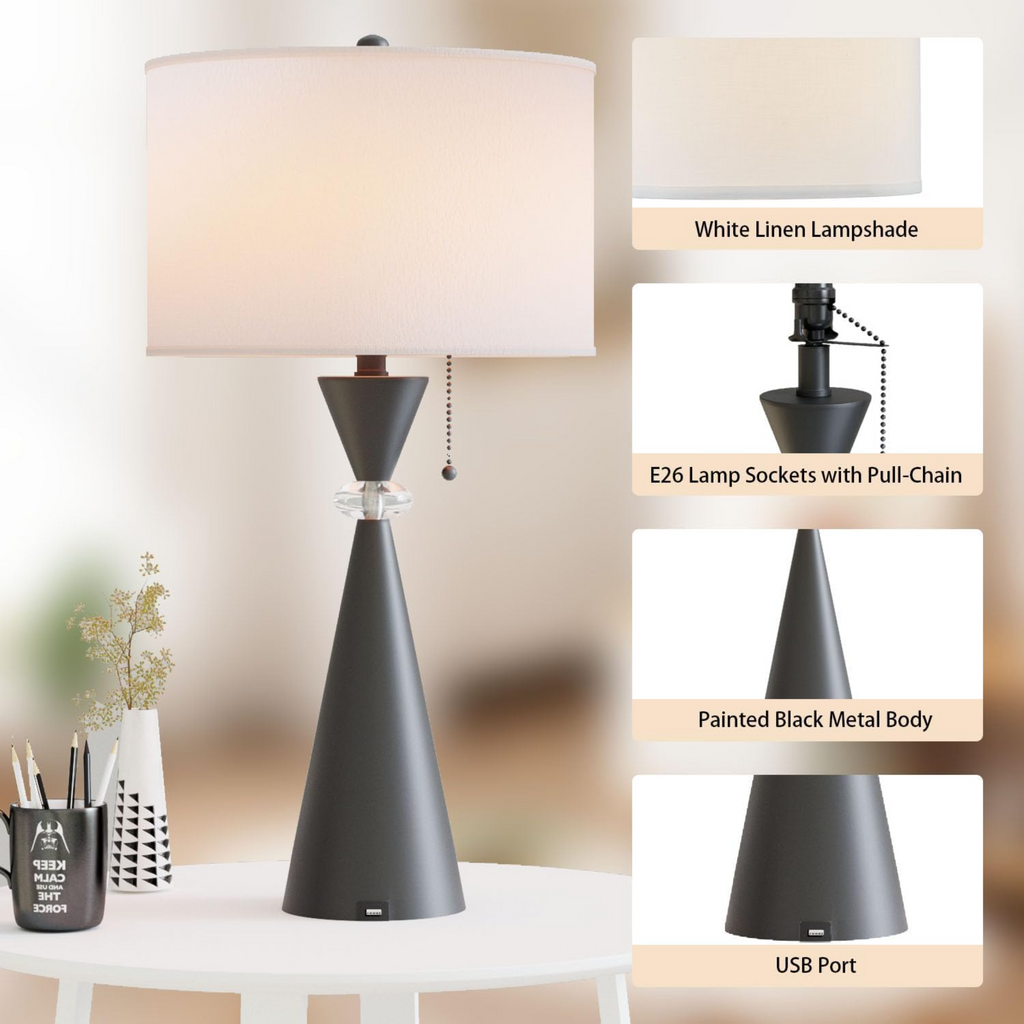 28-Inch Modern Table Lamps Set of 2, Black Metal Hourglass Base with USB Charging