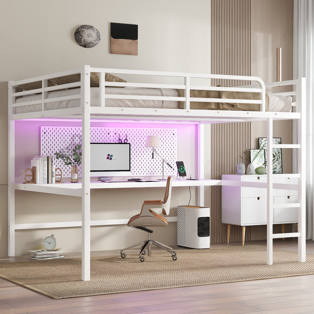 Metal Queen Size Loft Bed with Power Outlet and LED Lighting