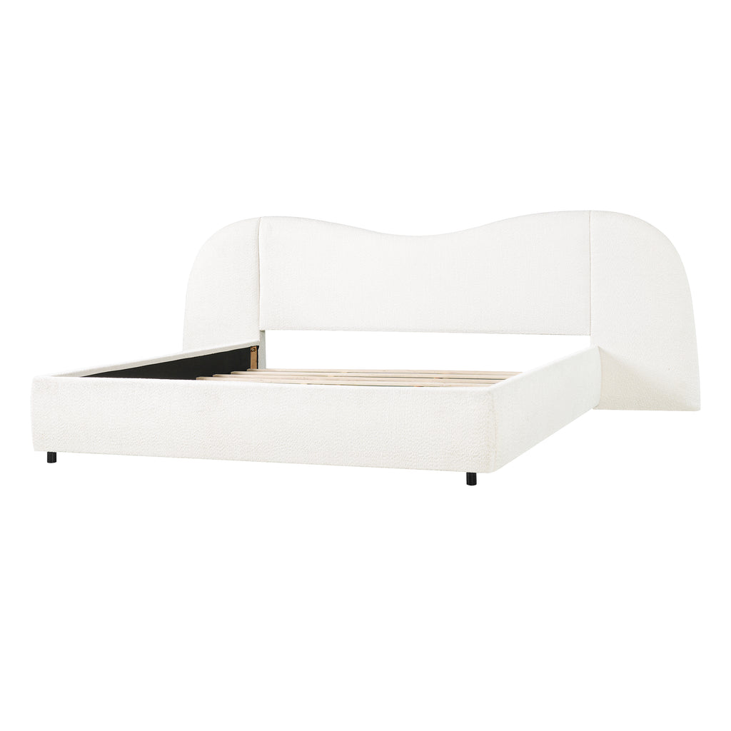 King Size Upholstered Bed Frame With Boucle Fabric Curved Headboard