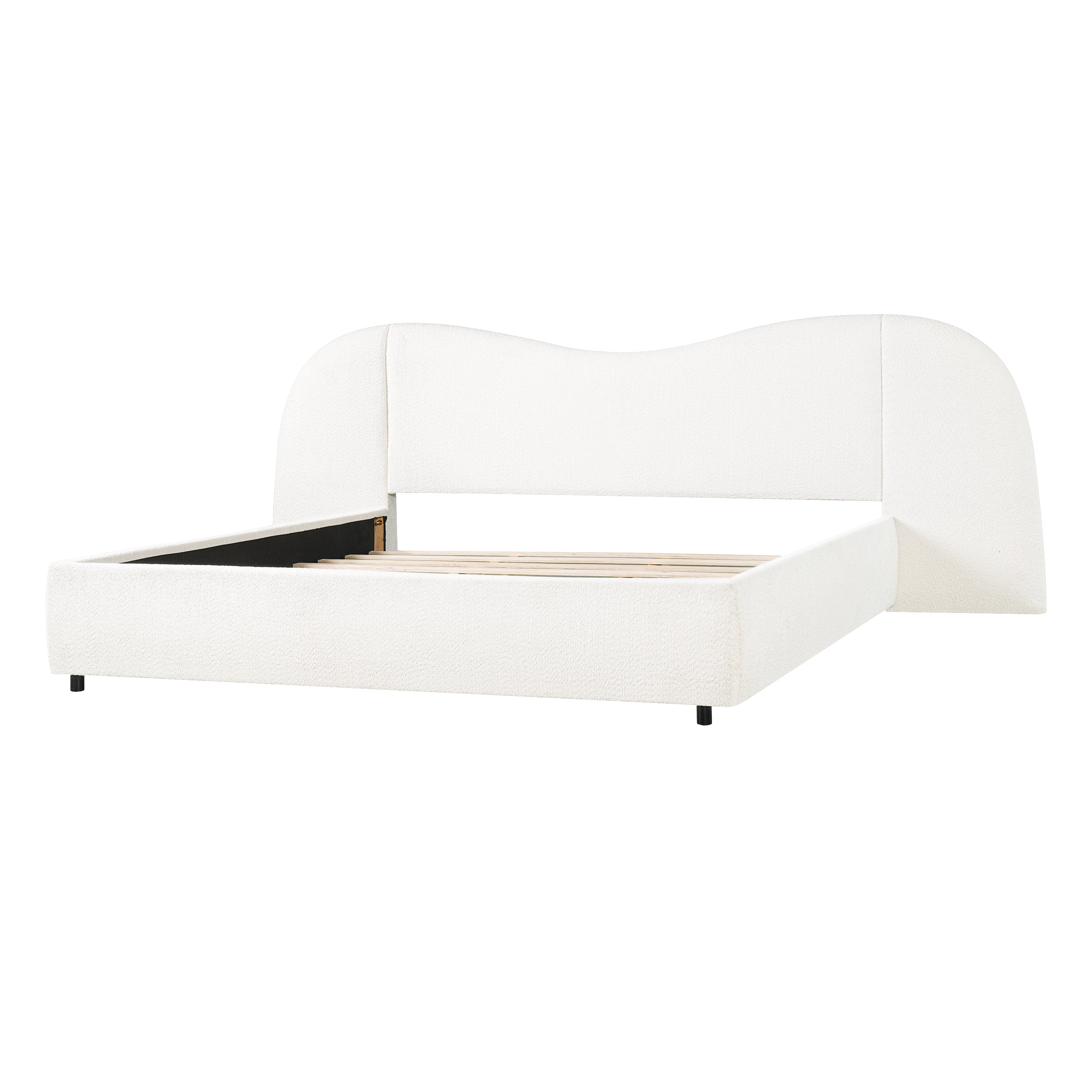 King Size Upholstered Bed Frame With Boucle Fabric Curved Headboard