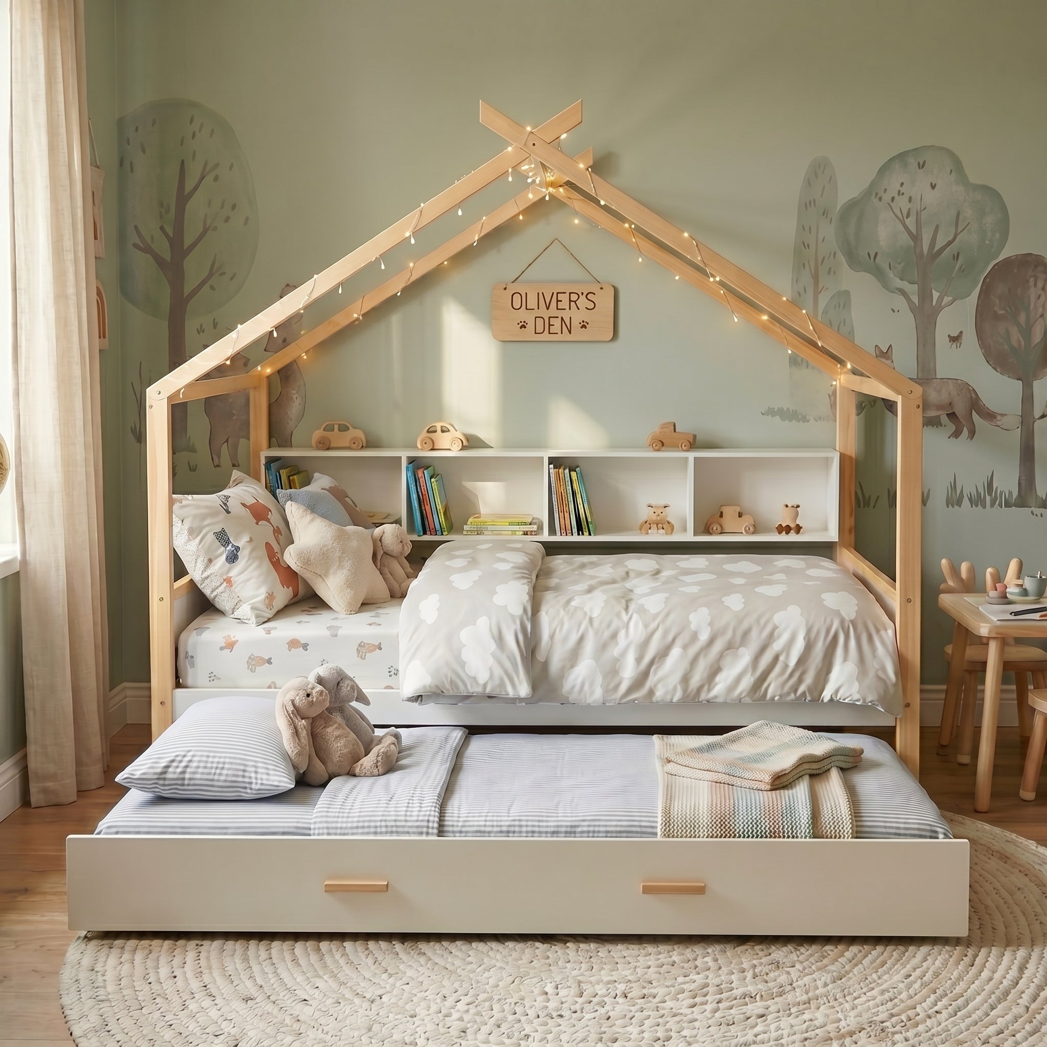 White Twin Size Wooden House Bed with Trundle and Bookshelf