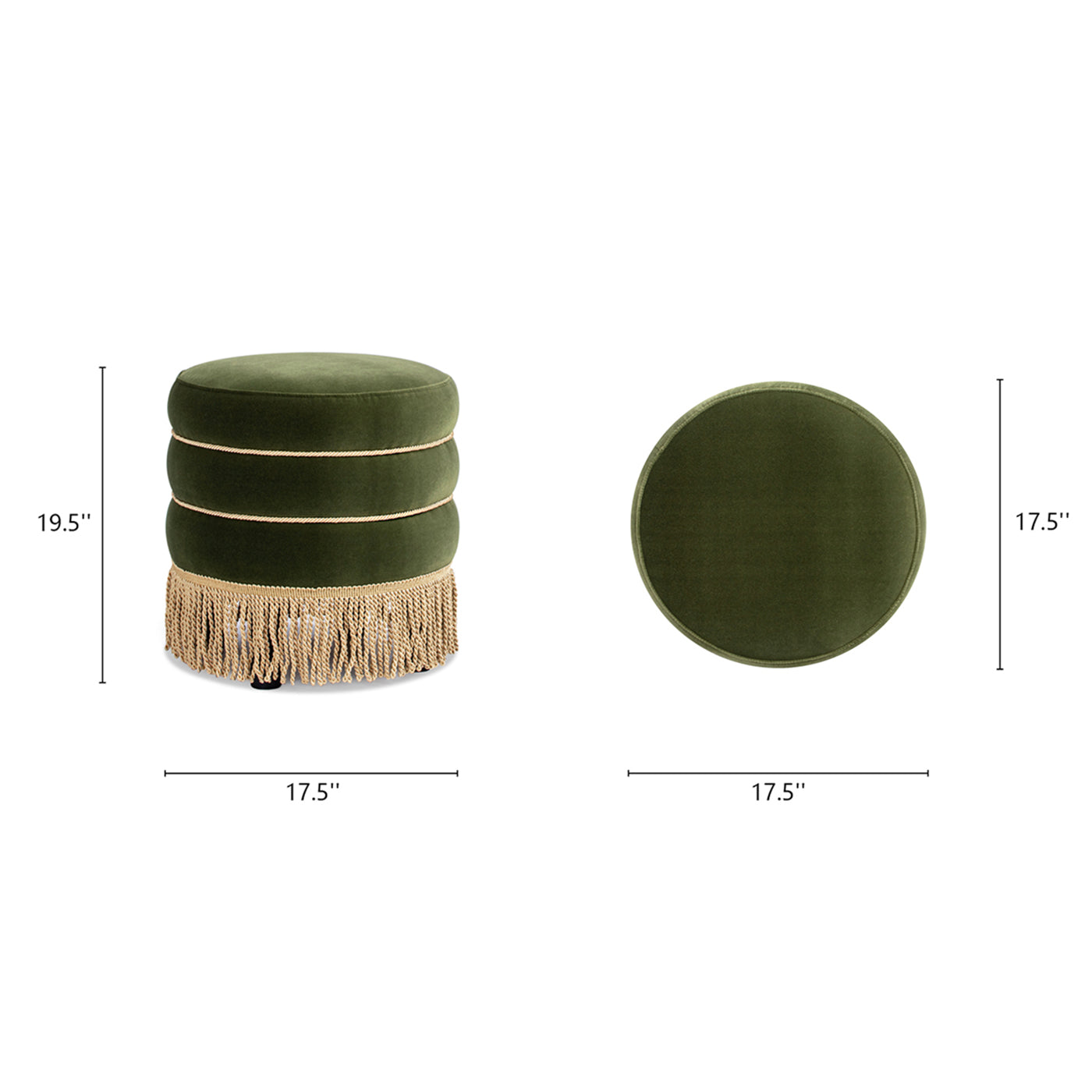 Edward 17.5" Round Upholstered Ottoman with Bullion Fringe, Olive