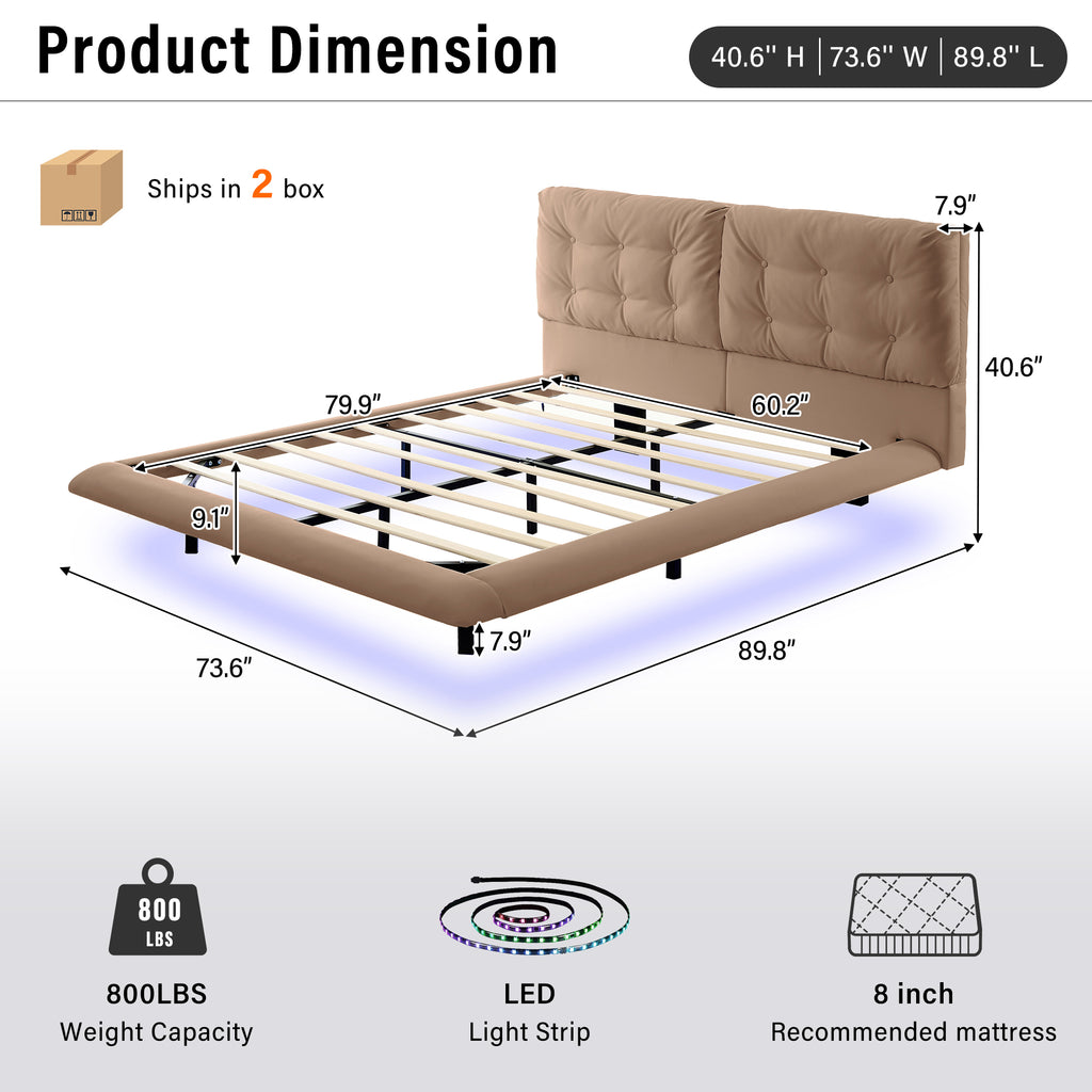 Queen Size Upholstered Floating Bed Frame with LED Lights