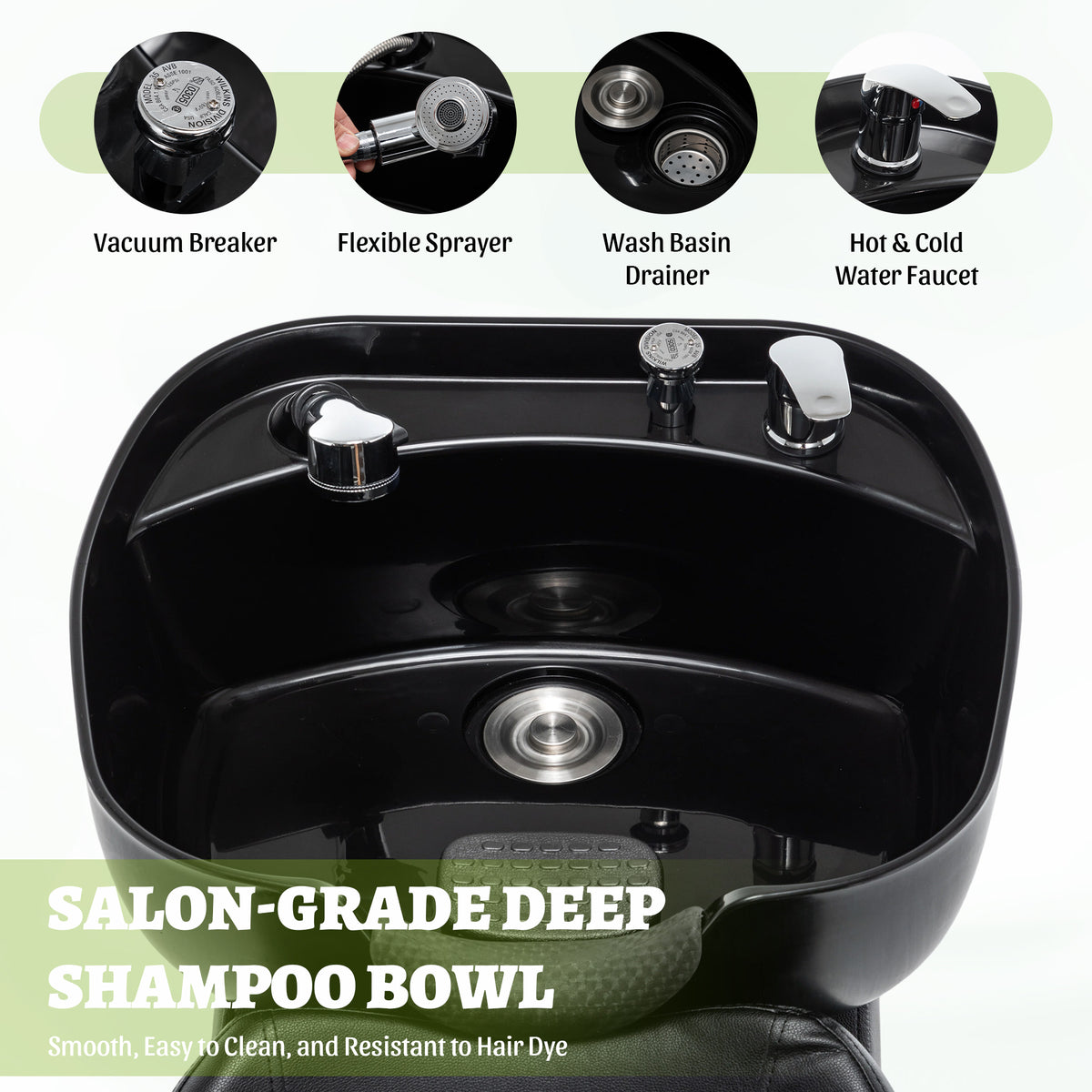 Shampoo Bowl and Chair Set for Salon, Hair Washing Station with ABS Sink & PU Leather Chair, Ergonomic Chair with Neck Rest, Side Storage, Hot/Cold Faucet & Sprayer for Spa Barbershop Beauty