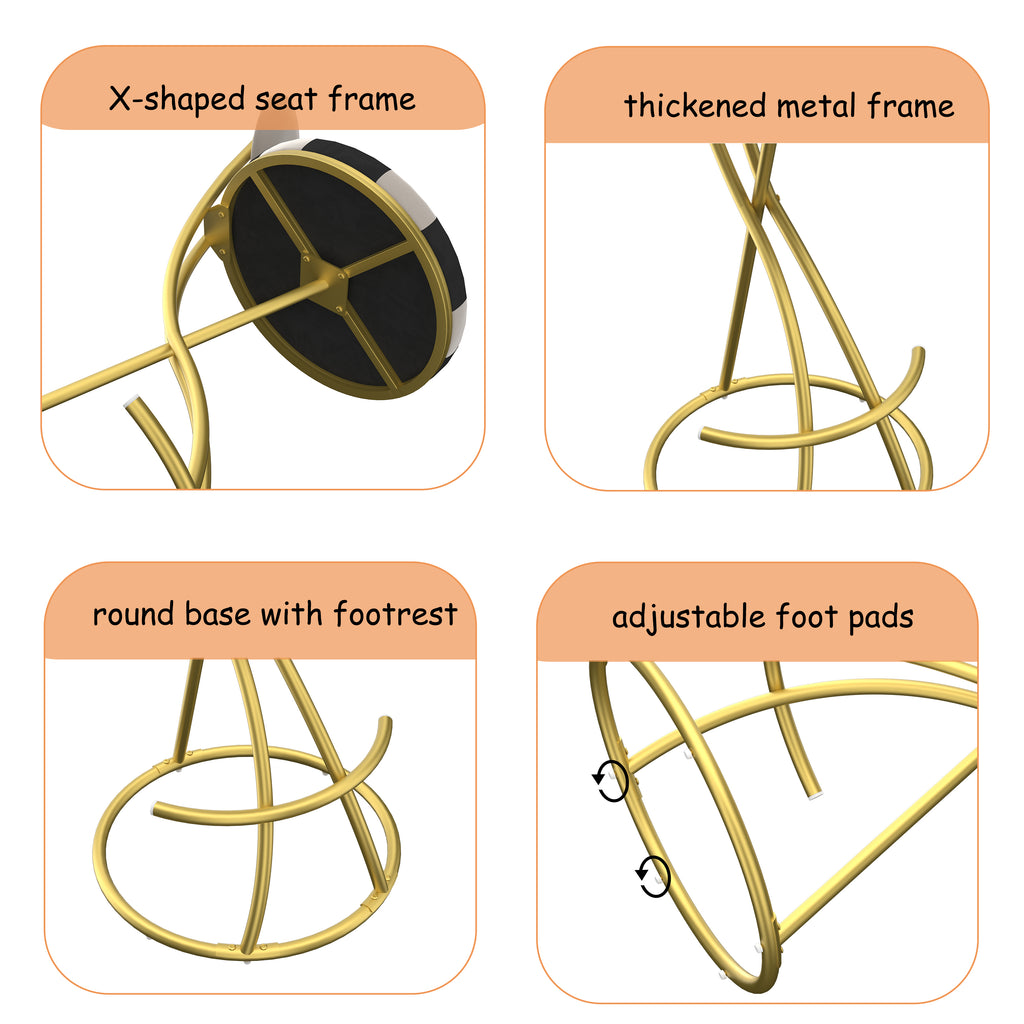 Football Print Bar Stools Set of 2, Counter Height, Gold Frame, Creamy White Velvet