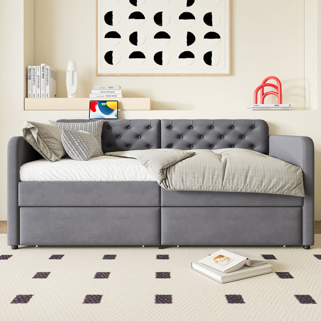 Twin Size Upholstered Daybed with Storage Drawers
