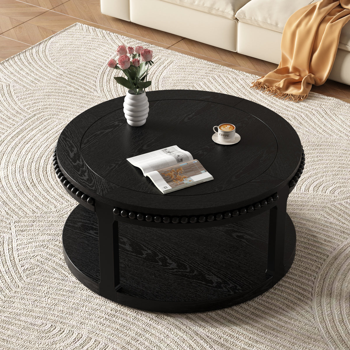 31.5-Inch Round Solid Wood Coffee Table, Two-Tier Open Storage, Black