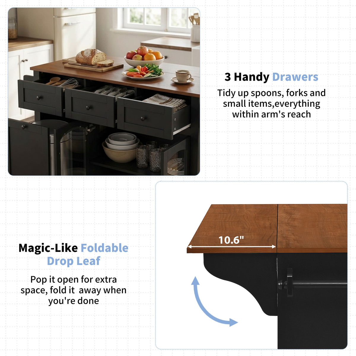 54.2" Mobile Kitchen Island with Glass Door Storage & Trash Bin Cabinet