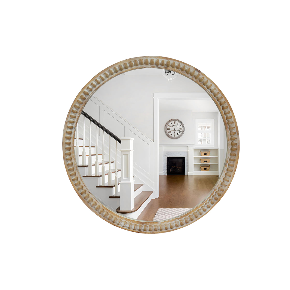 Round Decorative Wall Mirror, 35.43 Inches, Distressed Wood Beaded Frame, Natural Wood