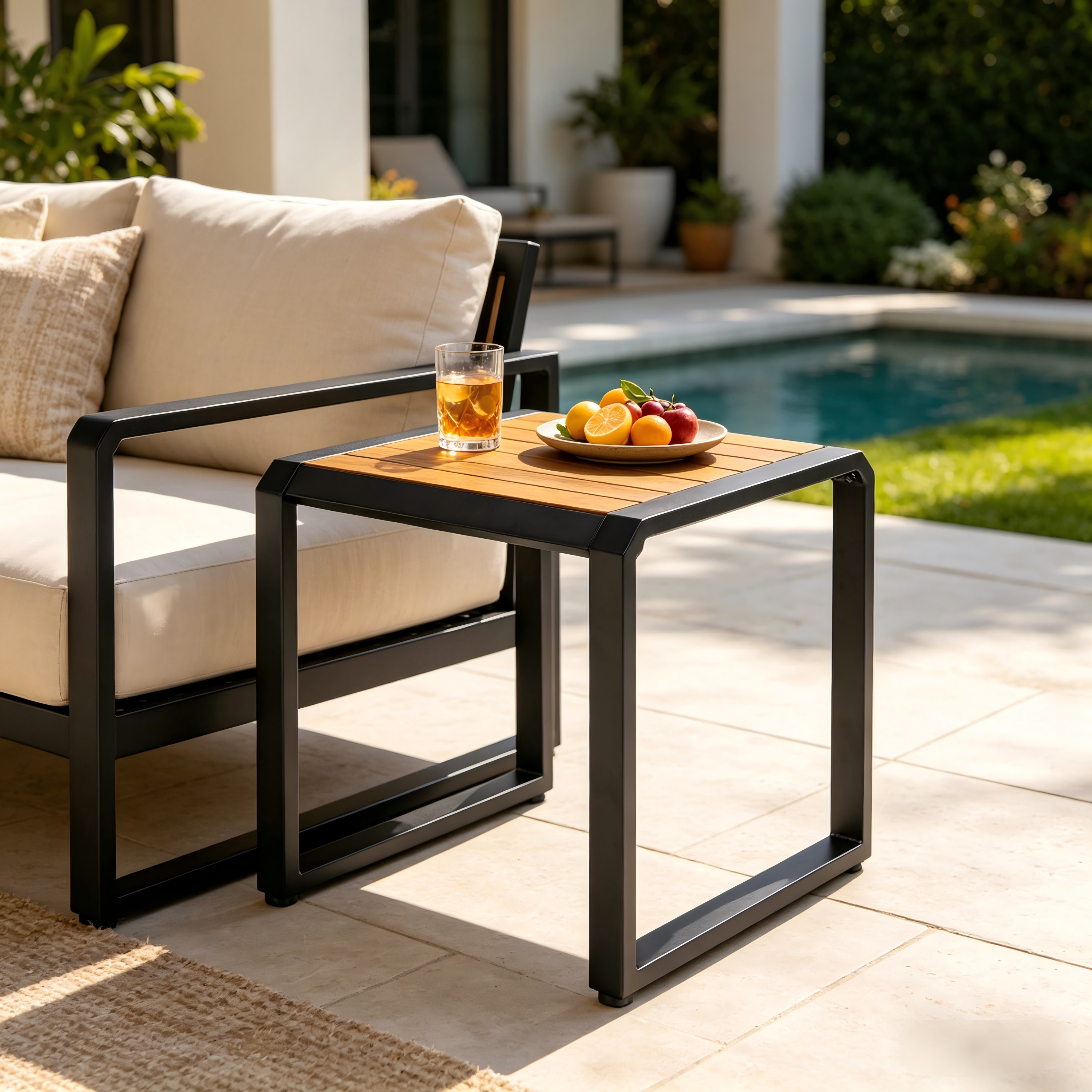 Outdoor Side Table with Teak Wood Top