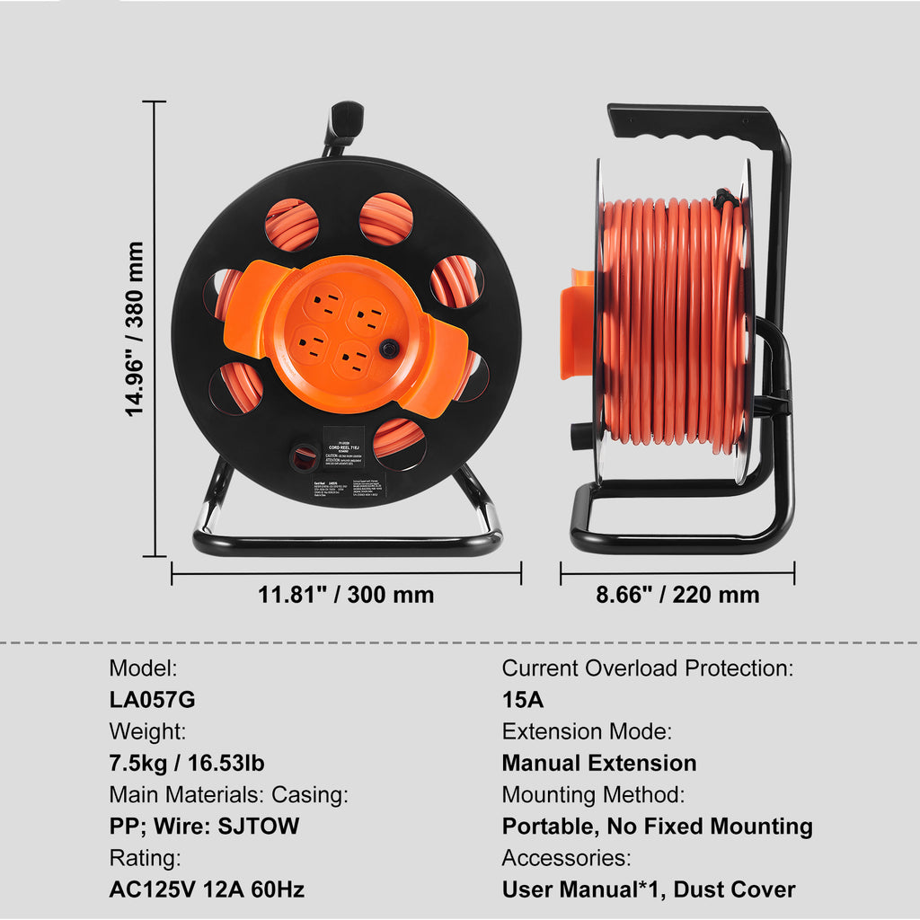 Heavy Duty 100FT Extension Cord Reel with 4 Outlets