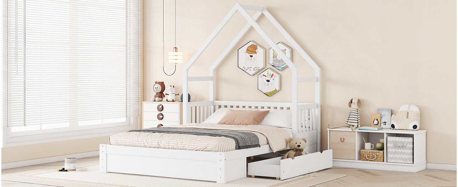 Wood Queen Size House Platform Bed with Guardrail and 2 Drawers