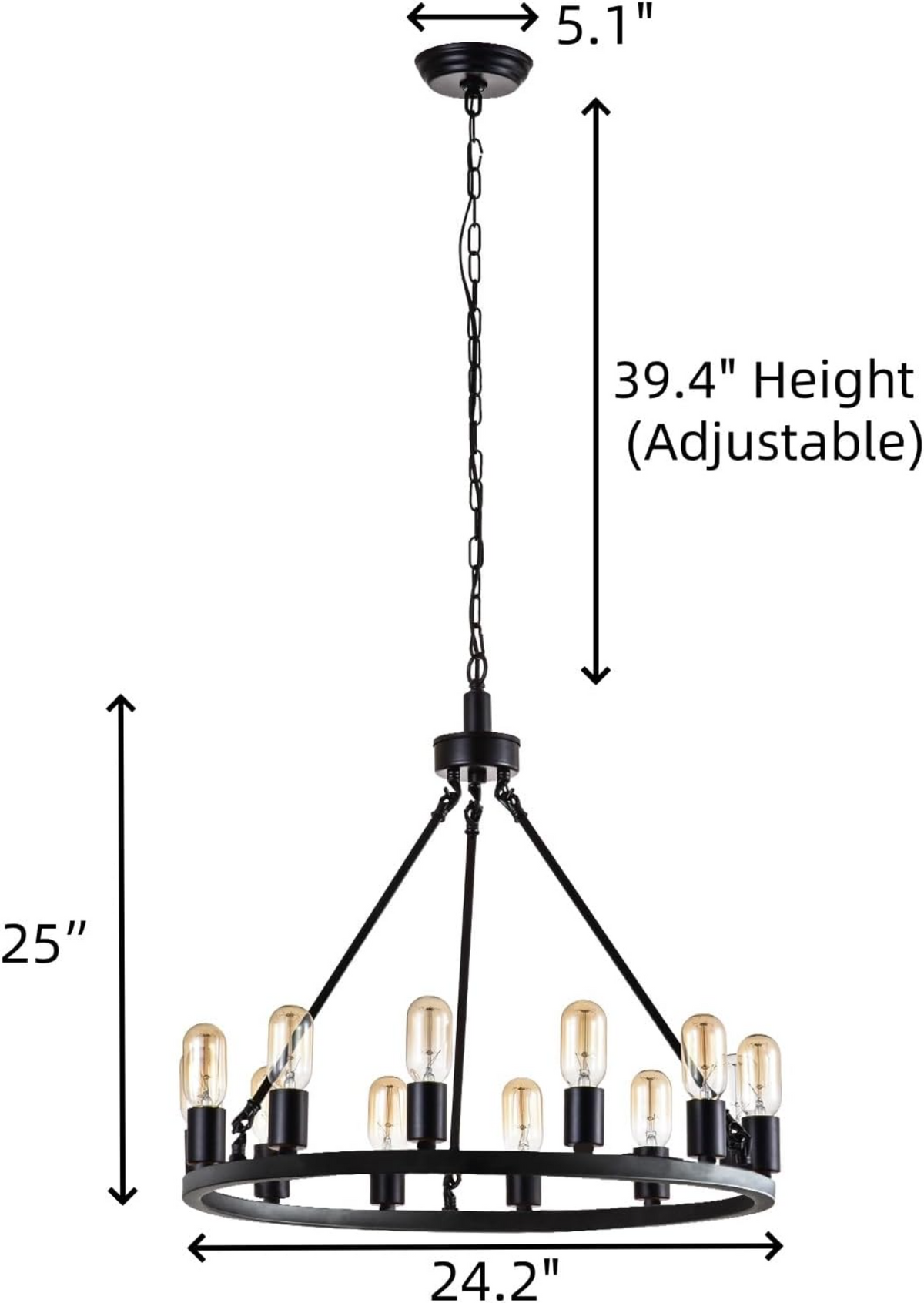 Wagon Wheel Chandelier, 24.2-Inch, 12-Light, Black Metal