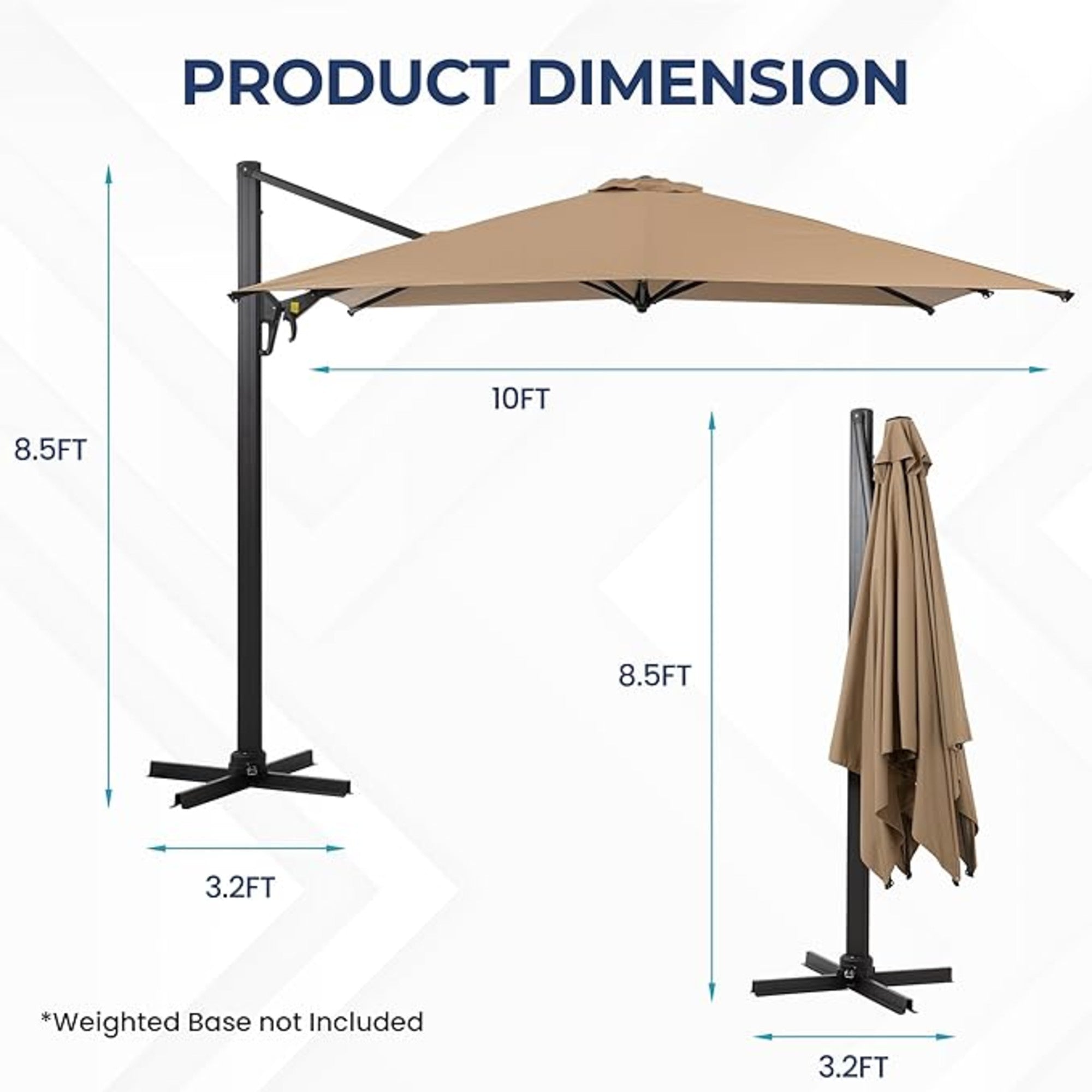 10 Ft Khaki Square Large Cantilever Patio Umbrella
