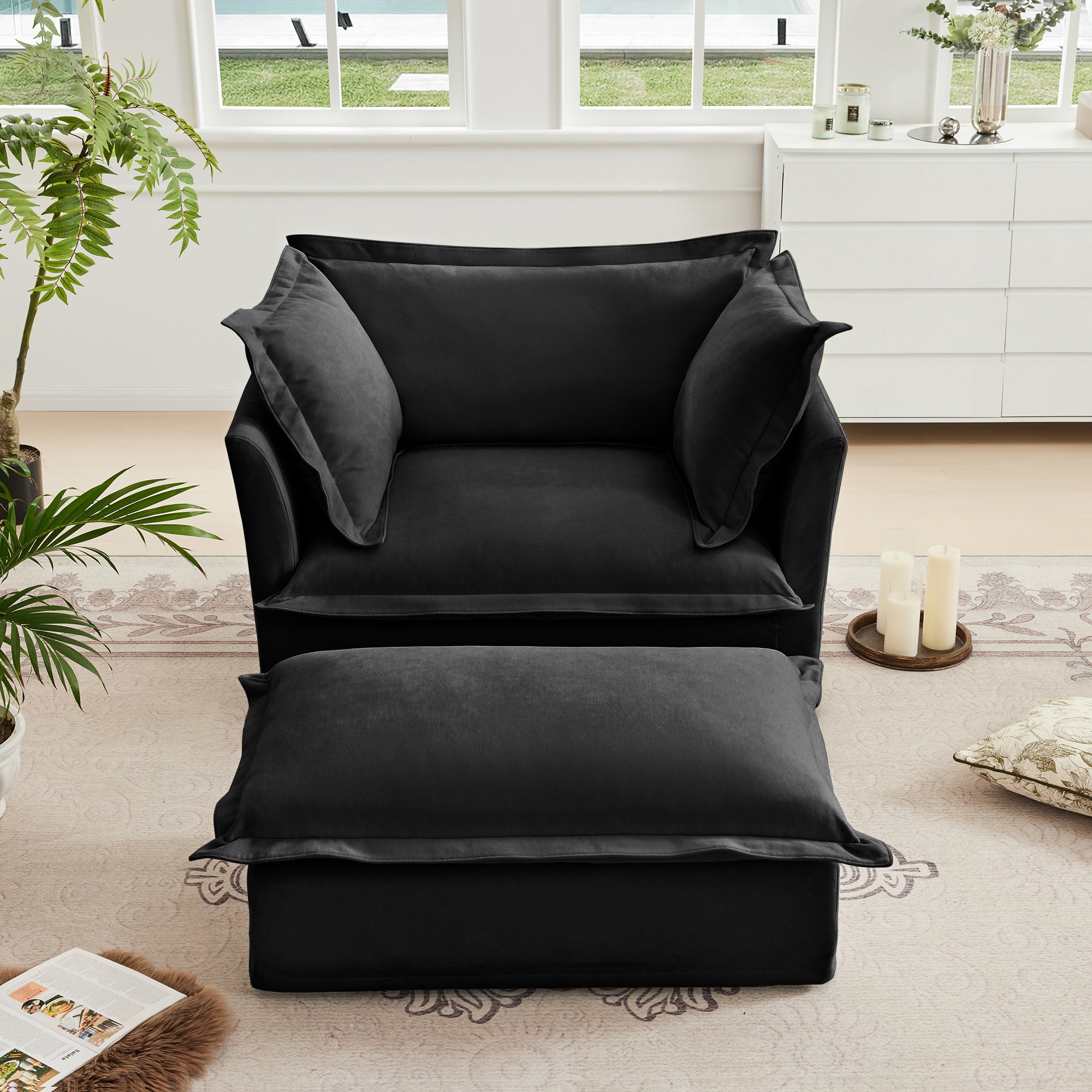 Upholstered Slipcovered Armchair with Ottoman - Set of 2