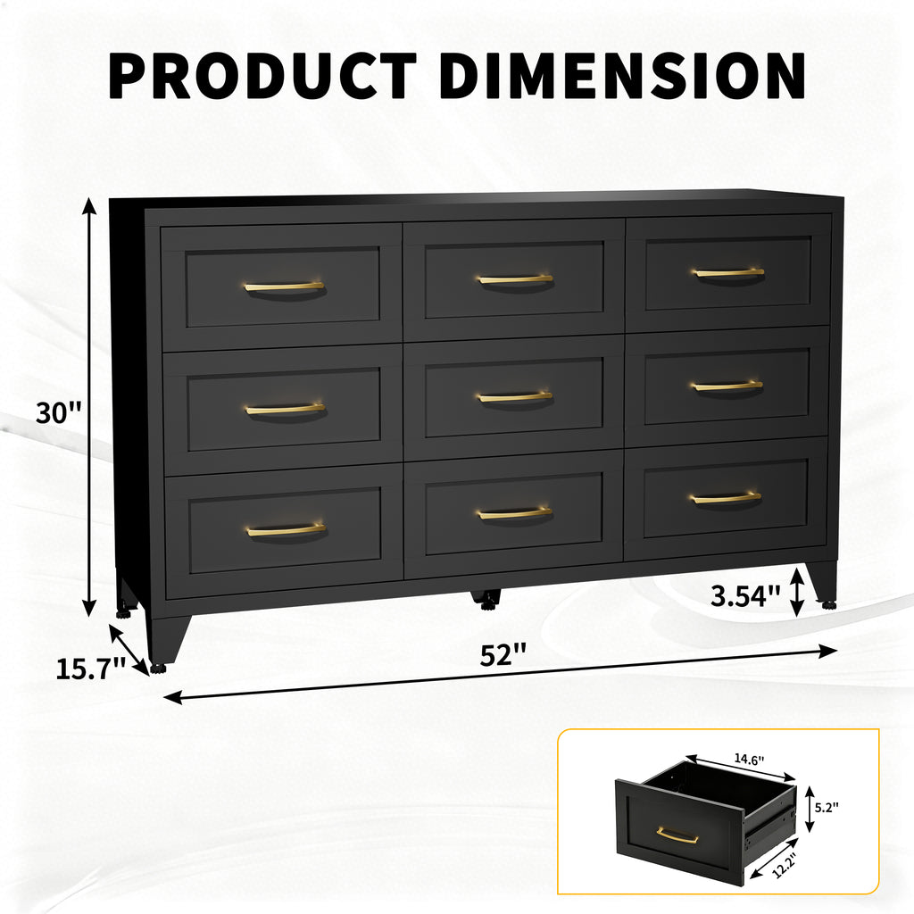 9 Drawer Dresser for Bedroom, Metal Profile Chest of Drawers