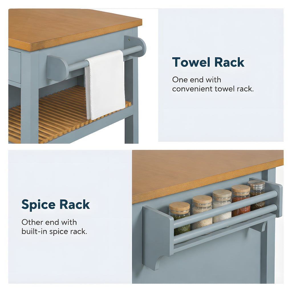 52" Kitchen Island Cart with Rubber Wood Top