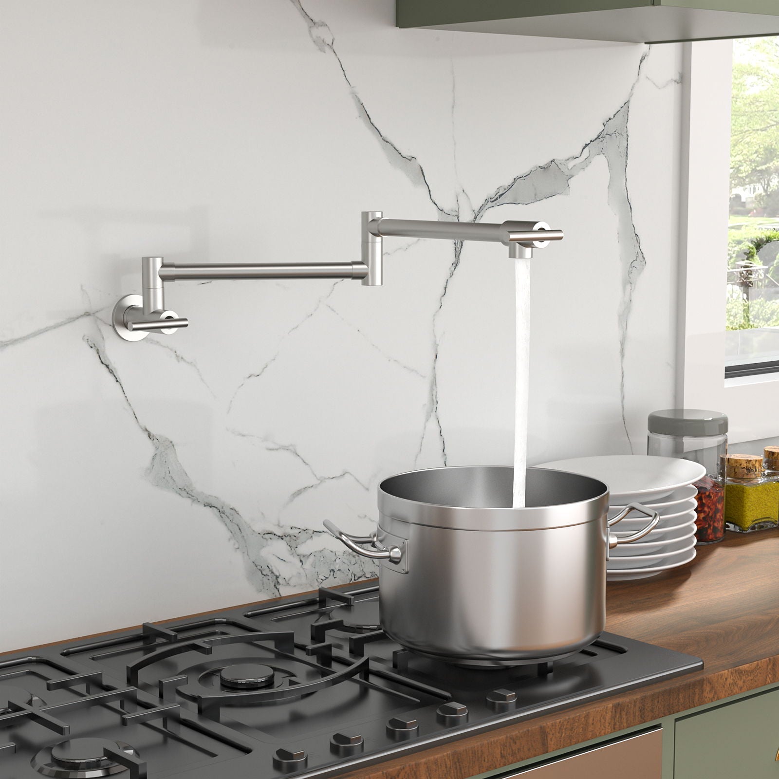 Wall Mount Pot Filler Faucet Folding Stretchable Kitchen Sink Faucet With 2 Handles - Brushed Nickel