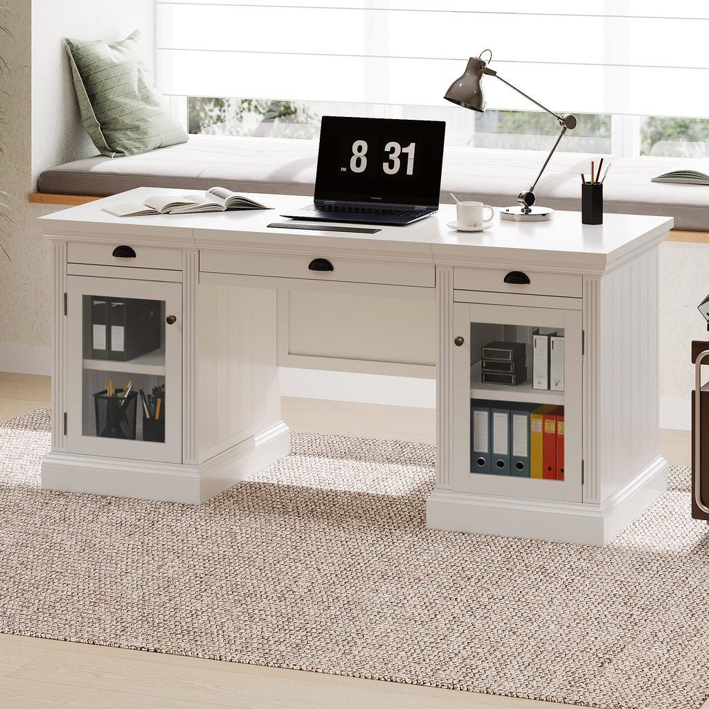 67" Modern Executive Desk with Glass Doors and Drawers