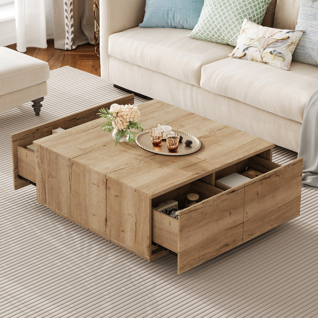 Square Coffee Table with 4 Drawers, 33.25-Inch, Natural