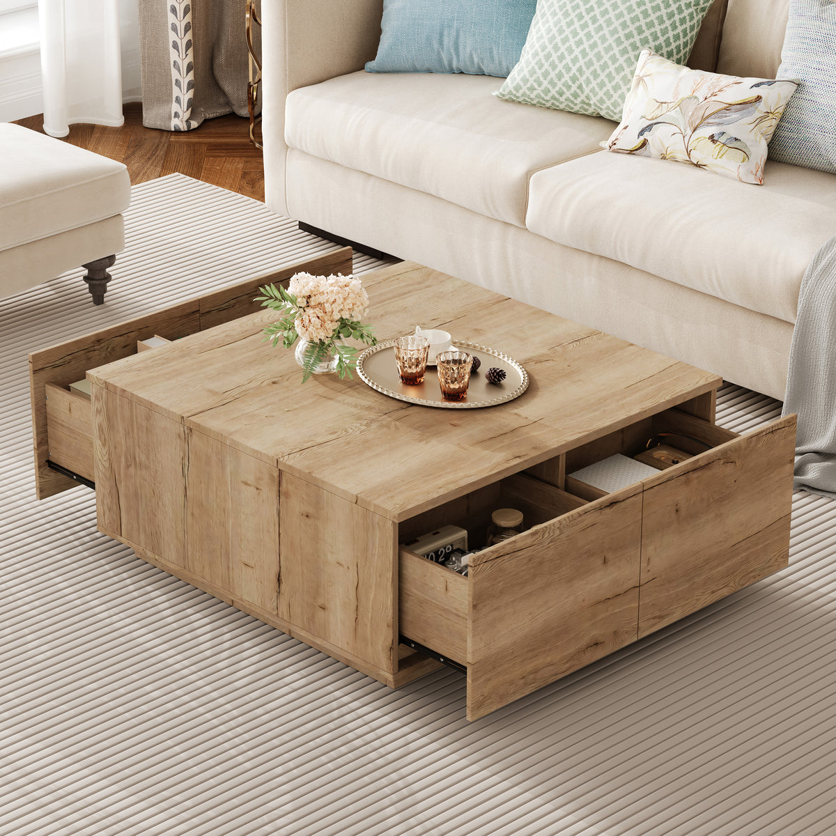 Square Coffee Table with 4 Drawers, 33.25-Inch, Natural