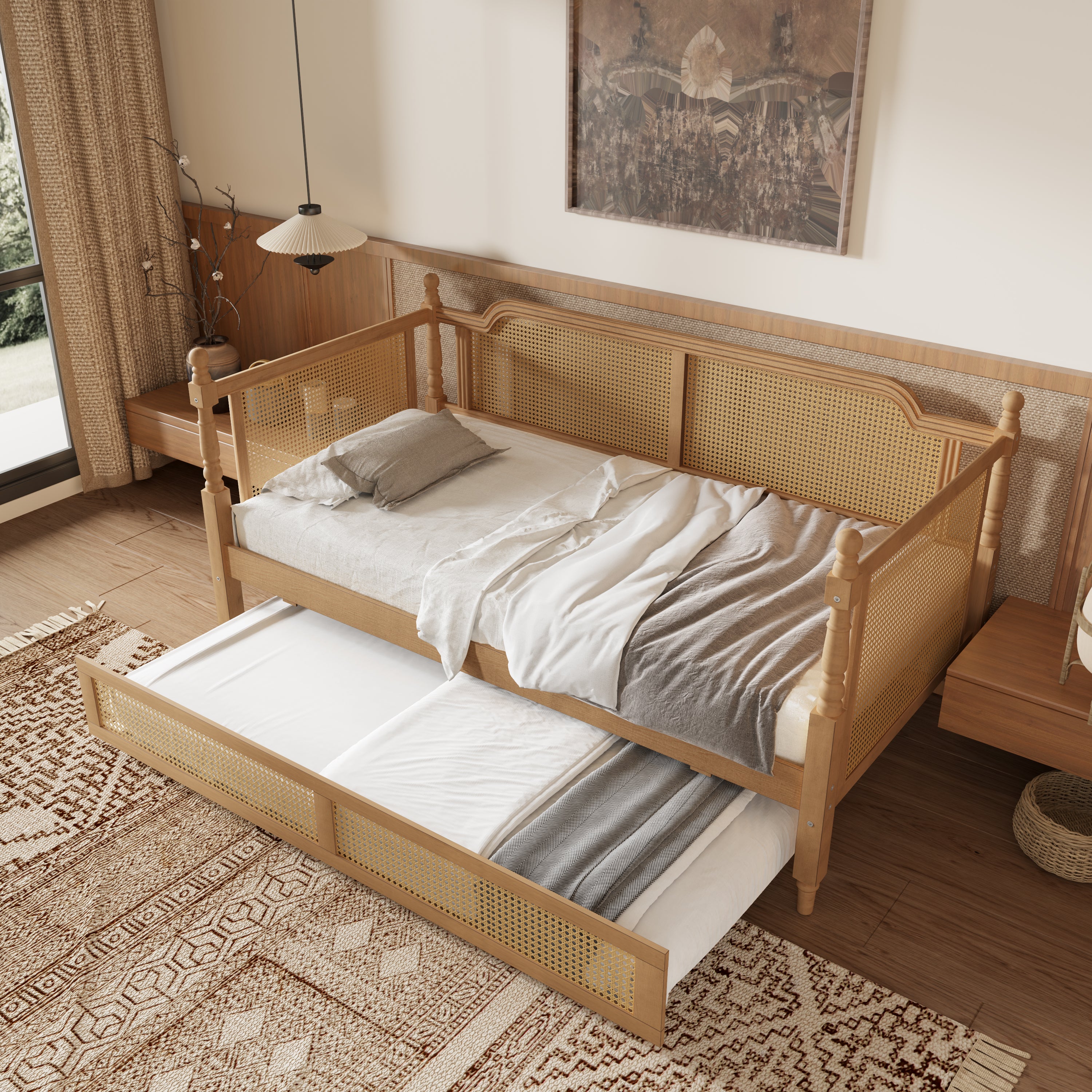 Traditional Style Rattan Full Size Daybed with Trundle
