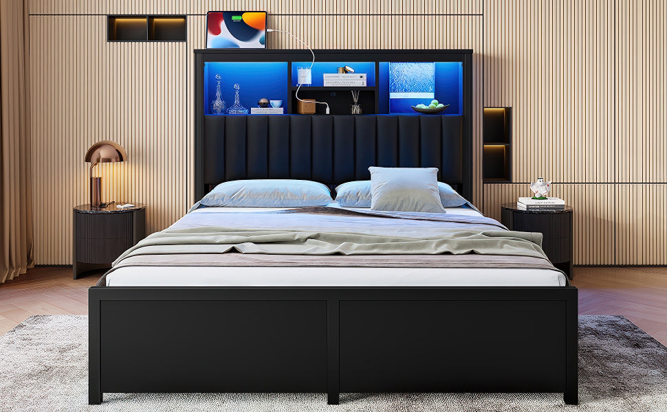 King Bed Frame with High Storage Headboard