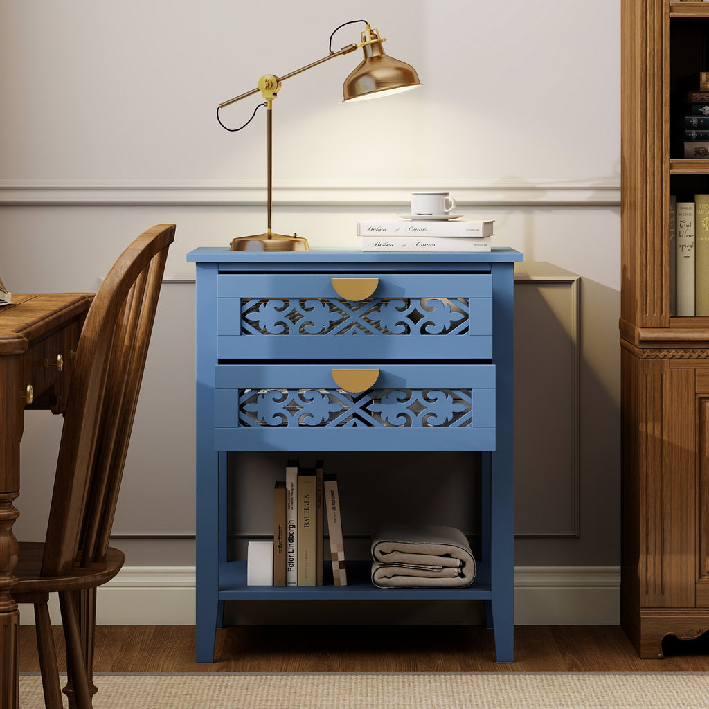 Dusty Blue 2-Drawer Nightstand with Carved Lattice Fronts, Gold Pulls