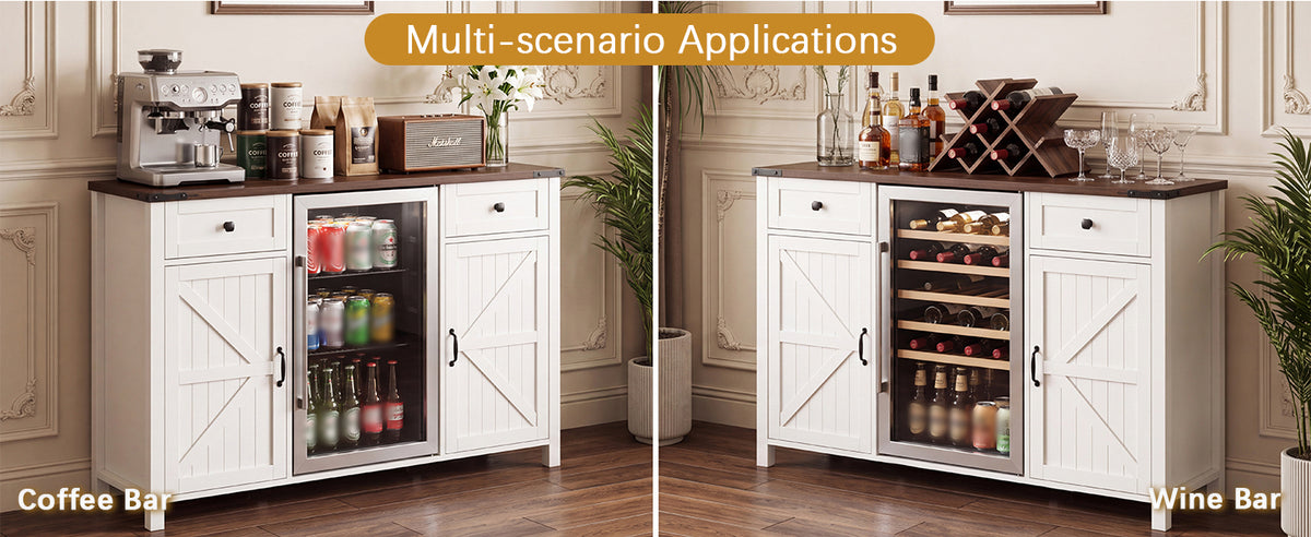 Farmhouse Coffee Bar with Mini Fridge Space & Built-in Charging Station,Large Bar Cabinet with Drawers & Adjustable Shelves for Kitchen, Dining Room, or Living Room