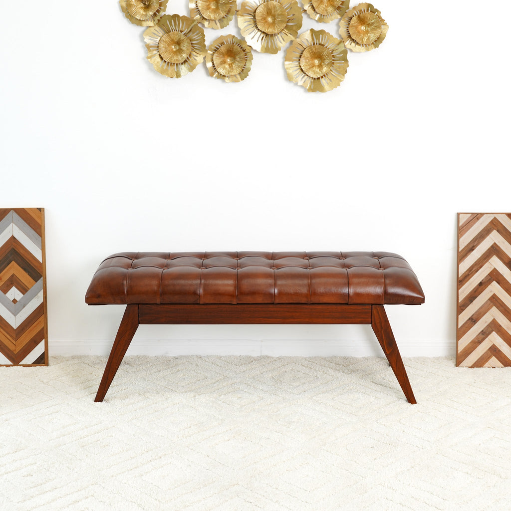 Maja Mid Century Modern Tan Leather Bench