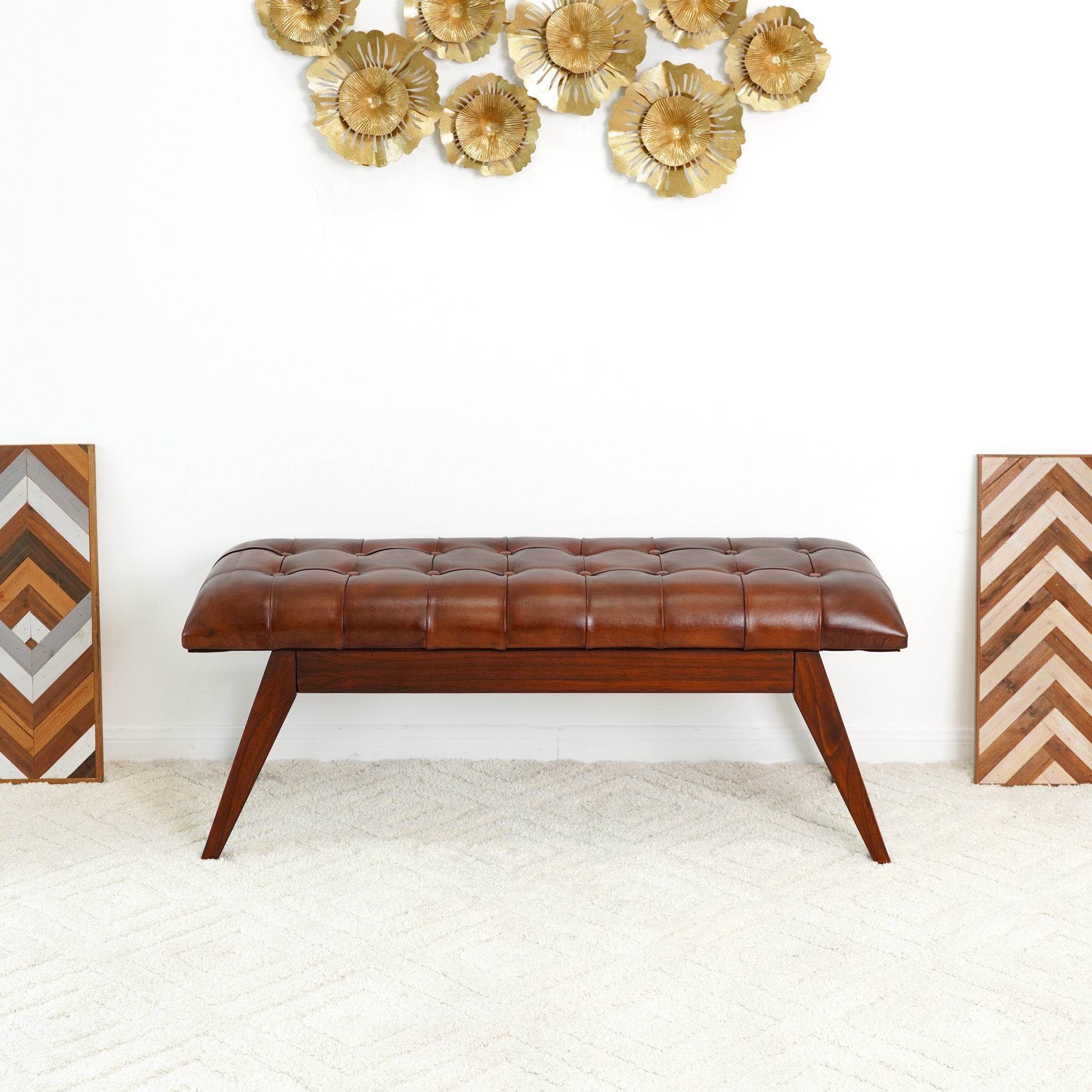 Maja Mid Century Modern Tan Leather Bench