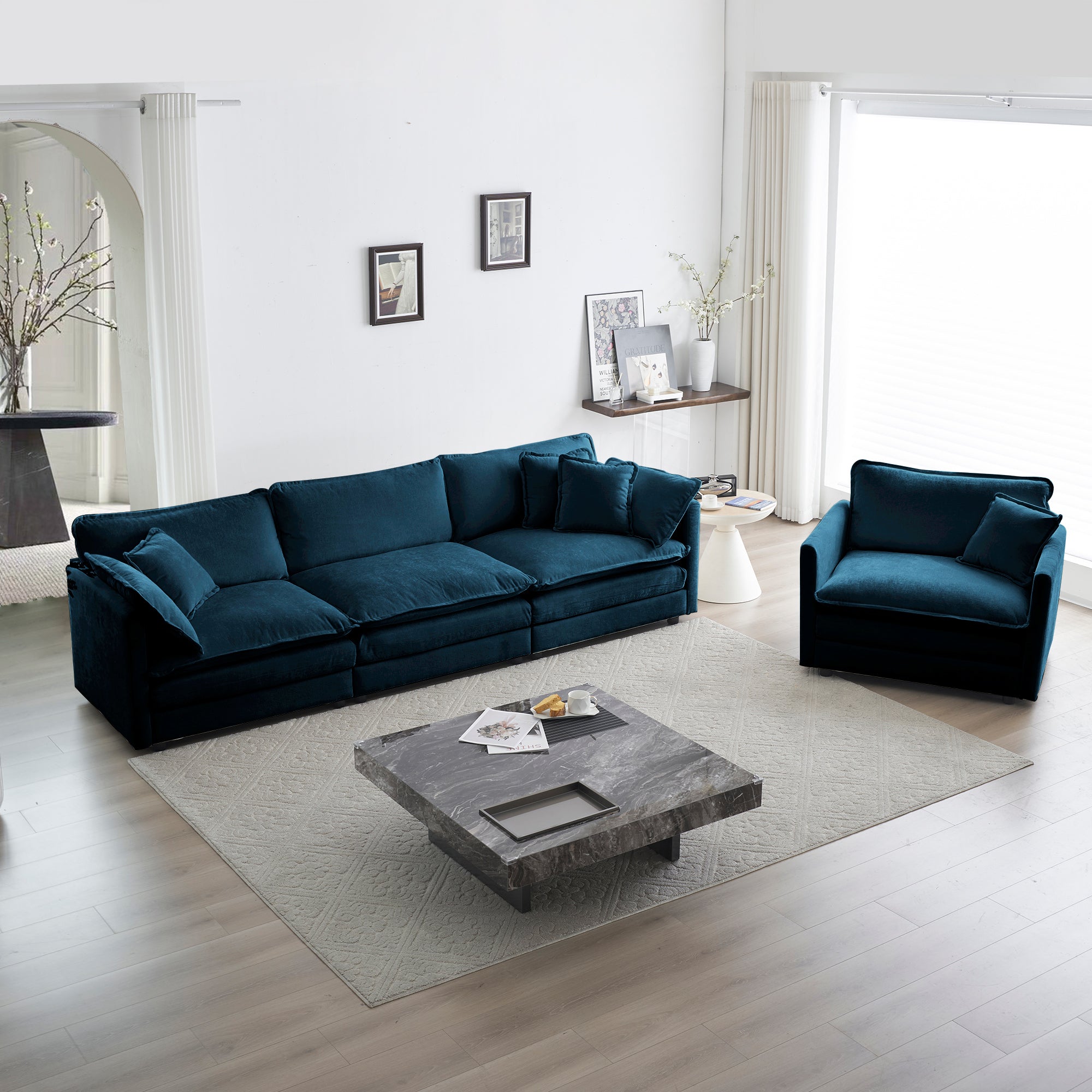2-Piece Upholstered Sectional Sofa Set in Blue Chenille