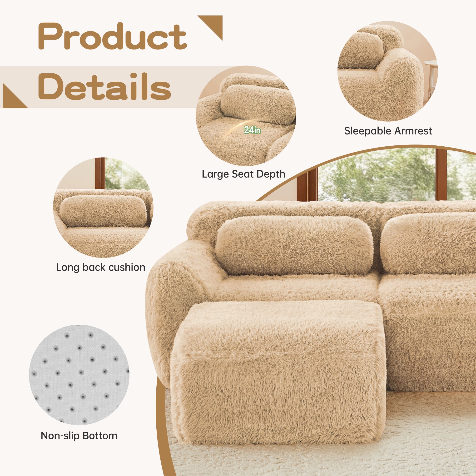 114" Soft And Fluffy Plush Fabric Modular Sectional Sofa