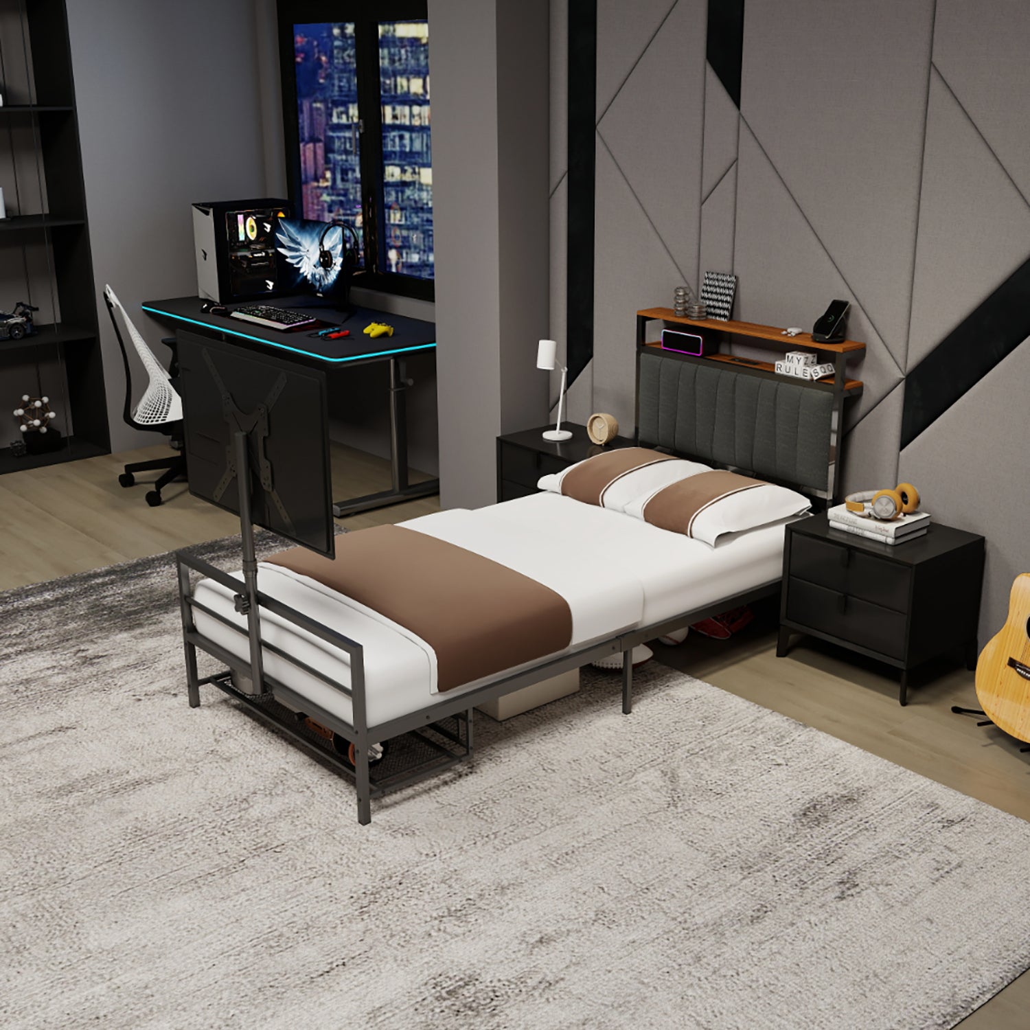 Twin Size Gaming Bed With a Rotating TV Mount