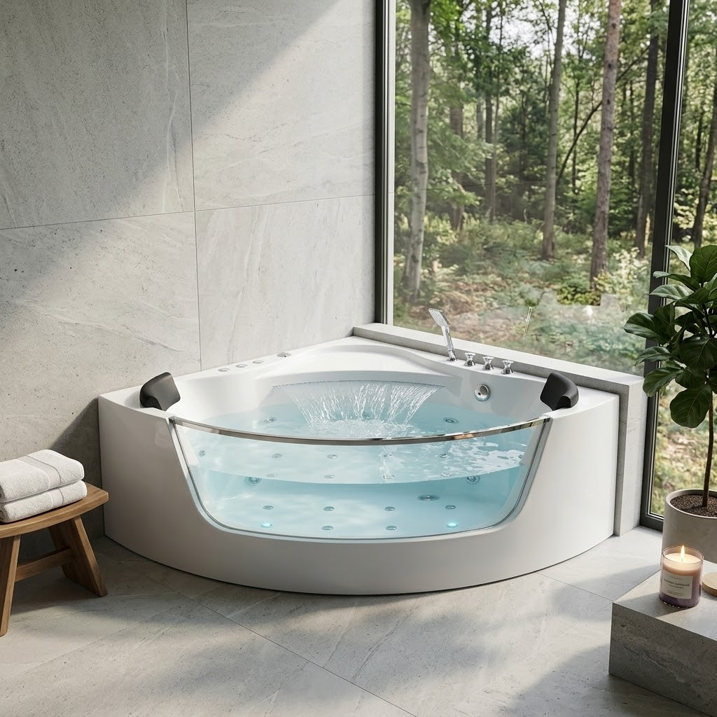 59" Corner Whirlpool Bathtub for 2-Person, Luxury Jetted Spa Tub