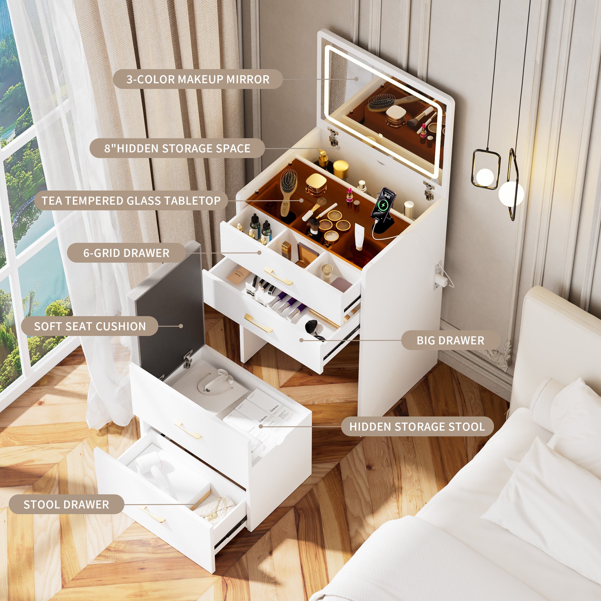 3 in 1 Vanity Desk with Open Top Mirror