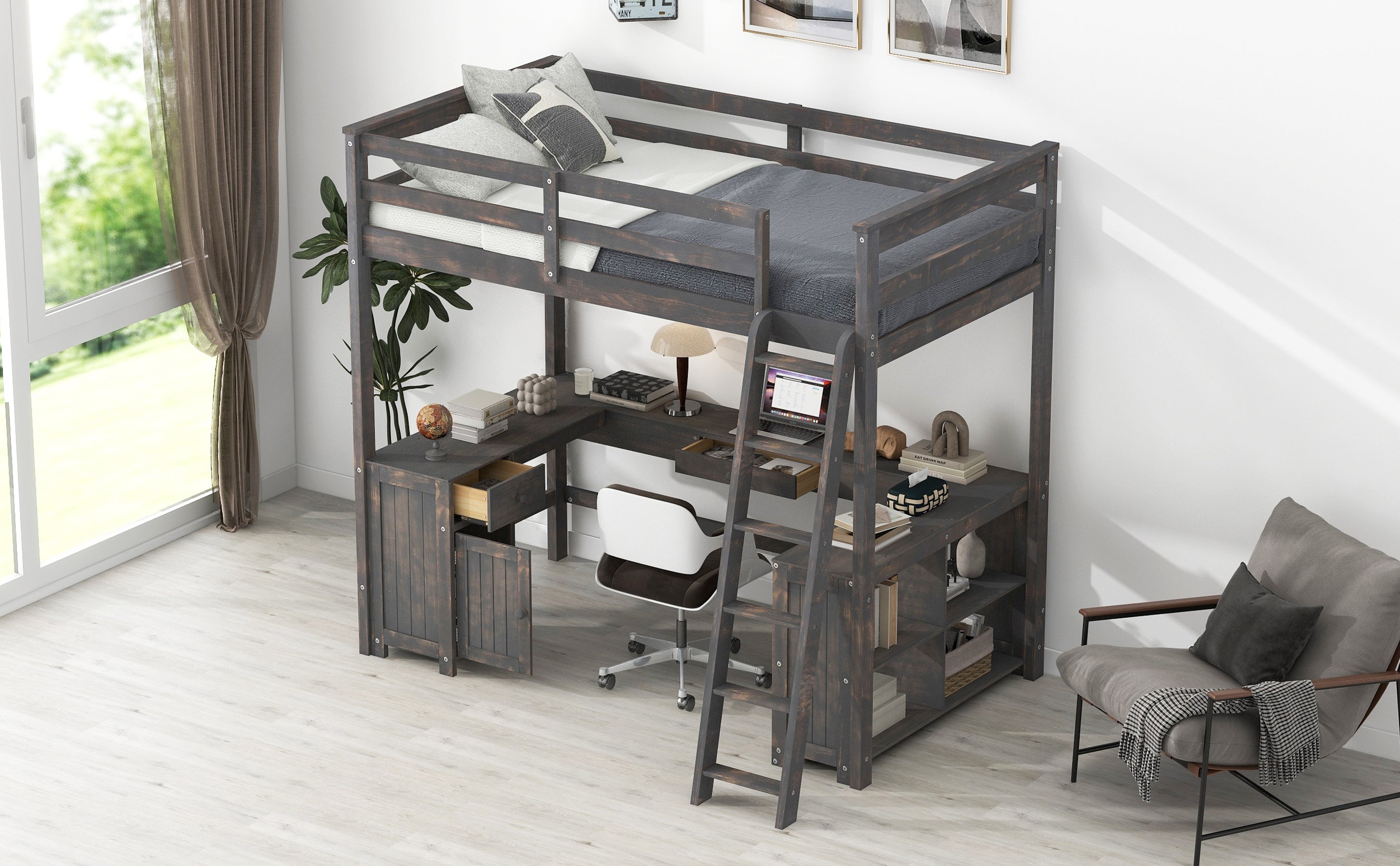 Full Size Loft Bed with U-shaped Desk, Drawers and Storage Shelves