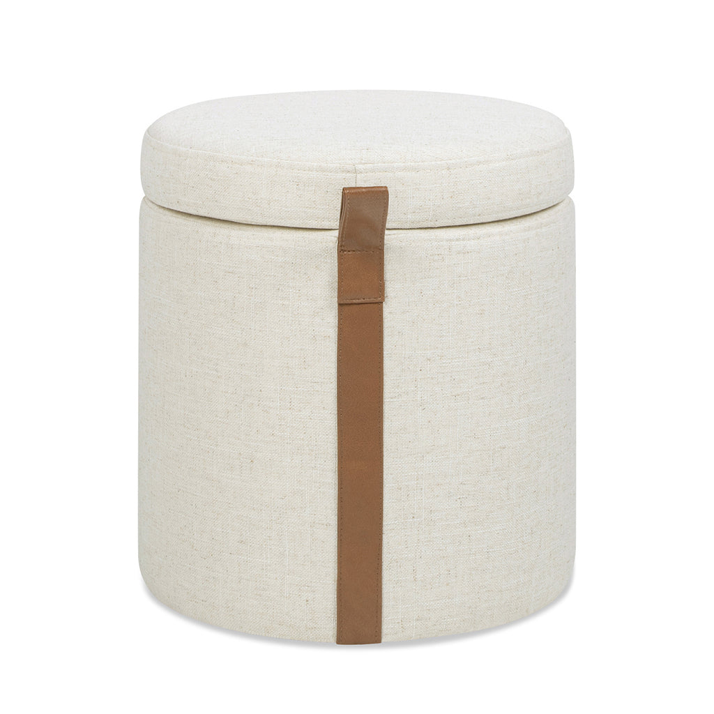 Brandy 14" Round Upholstered Storage Ottoman with Leather Accent