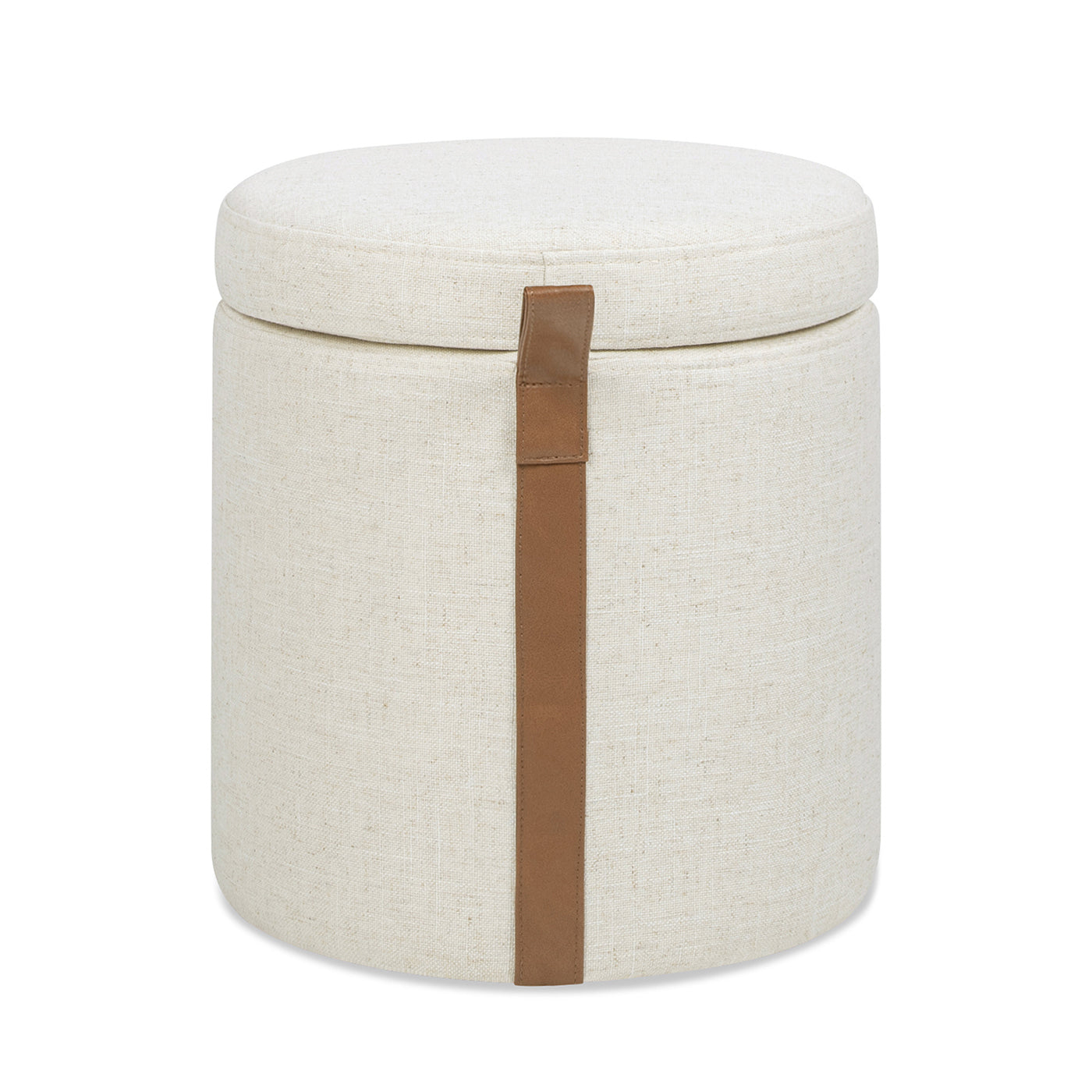 Brandy 14" Round Upholstered Storage Ottoman with Leather Accent