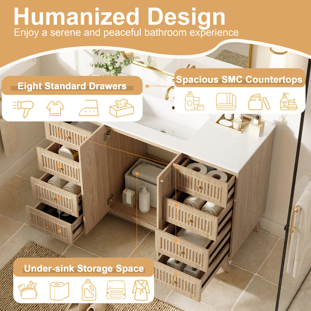 [Video]47.56" Freestanding Single-Sink Bathroom Vanity with SMC Top, MDF Cabinet, 8 Drawers, 2 Soft-Close Doors and Gold-Tone Aluminum Alloy Handles