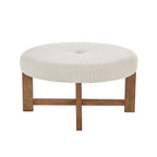 Beige Fabric Round Ottoman with Solid Wood Cross Base