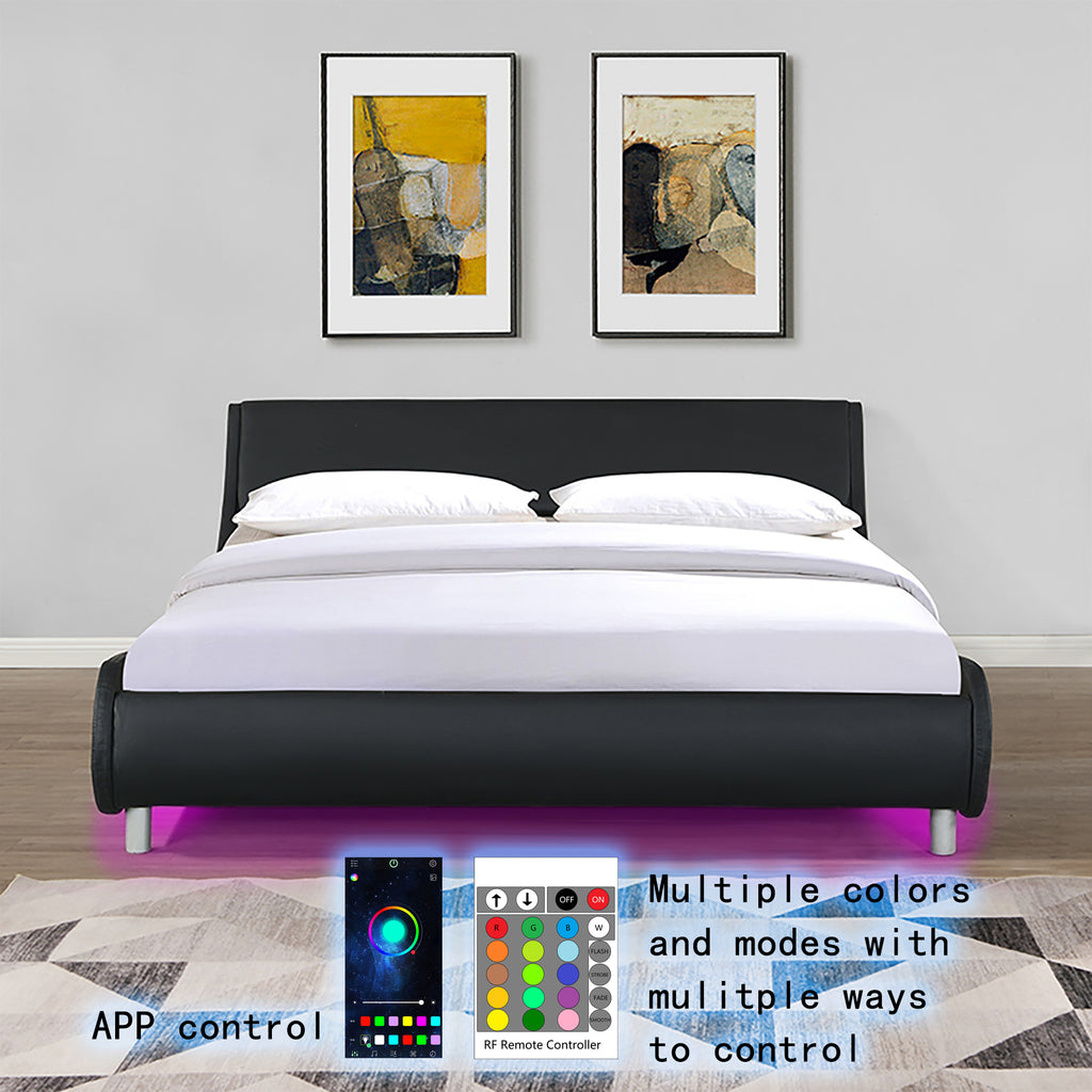 Faux Leather Upholstered Platform Bed Frame with LED Lighting