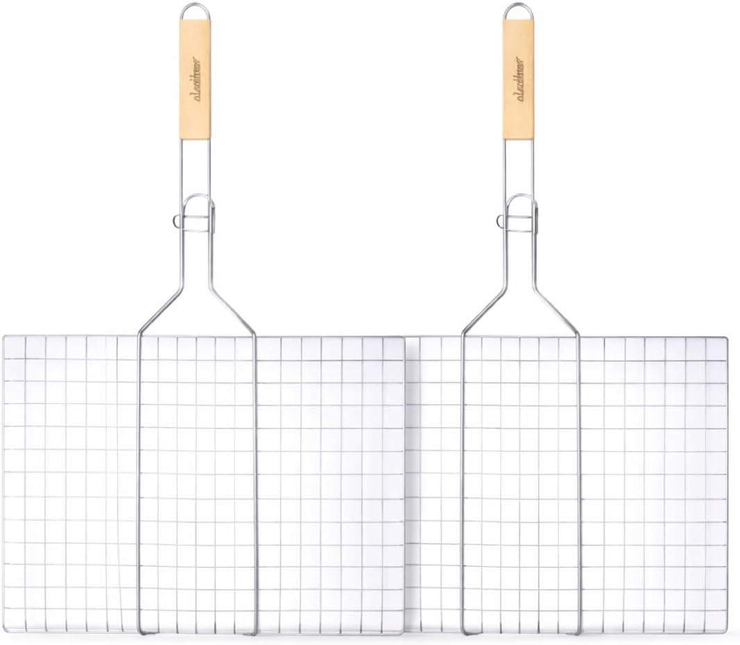 Stainless Steel Grill Basket with Wooden Handle, 16x12 Inch, 2 Pack, BBQ Grilling Rack for Vegetables, Fish and Seafood