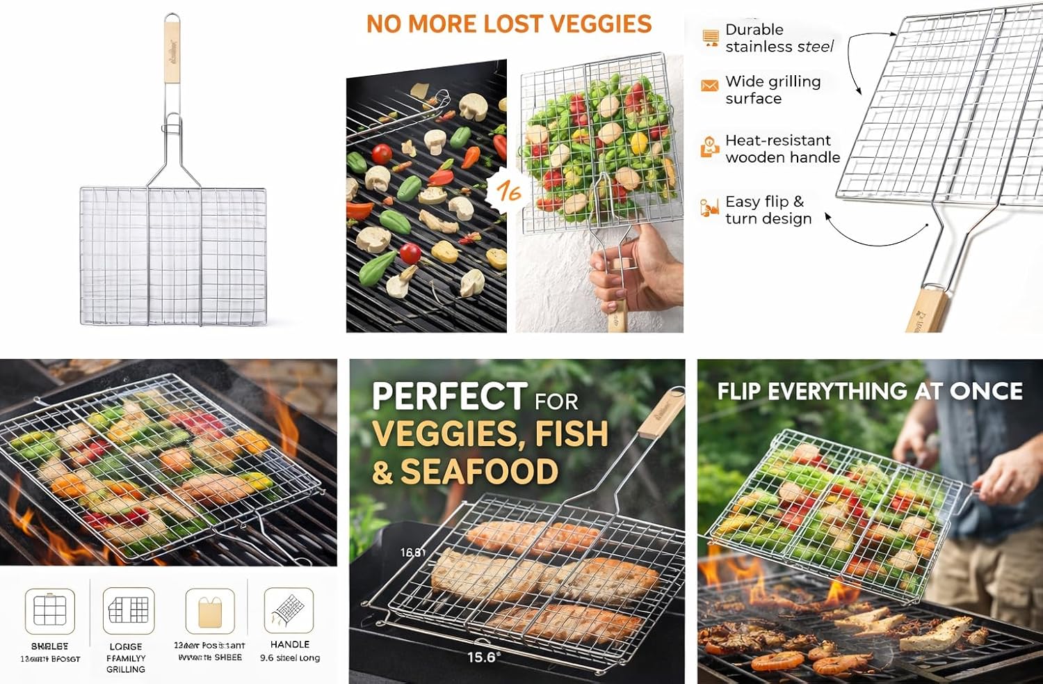 Stainless Steel Grill Basket with Wooden Handle, 16x12 Inch, 2 Pack, BBQ Grilling Rack for Vegetables, Fish and Seafood