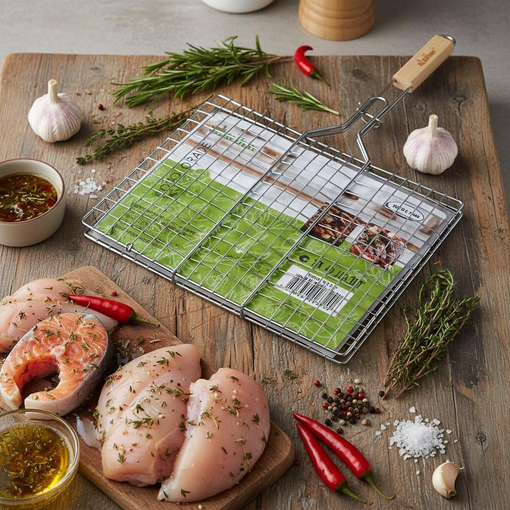 Stainless Steel Grill Basket with Wooden Handle, 16x12 Inch, 2 Pack, BBQ Grilling Rack for Vegetables, Fish and Seafood
