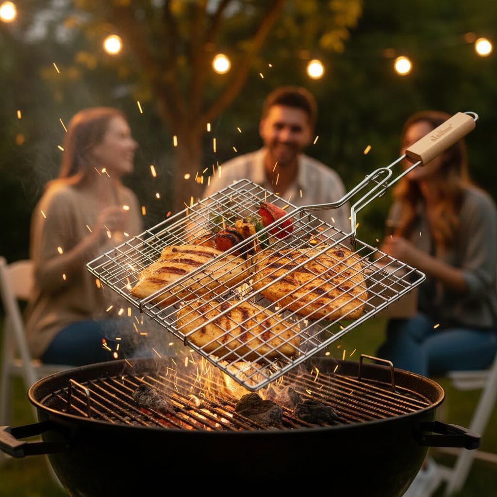 Stainless Steel Grill Basket with Wooden Handle, 16x12 Inch, 2 Pack, BBQ Grilling Rack for Vegetables, Fish and Seafood