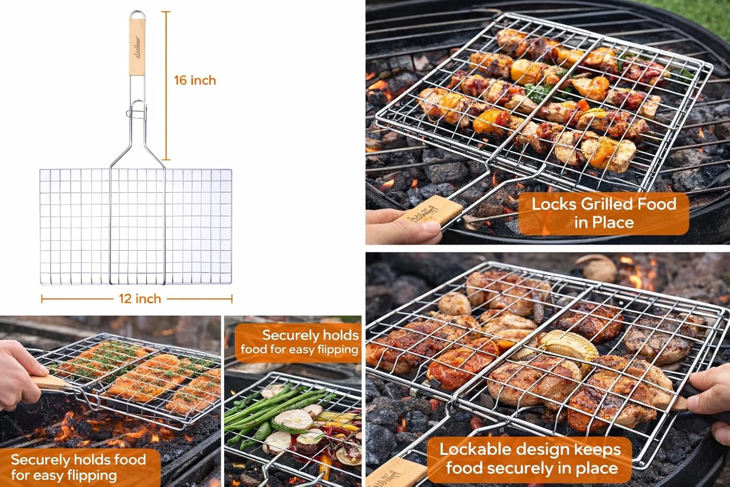 Stainless Steel Grill Basket with Wooden Handle, 16x12 Inch, 2 Pack, BBQ Grilling Rack for Vegetables, Fish and Seafood