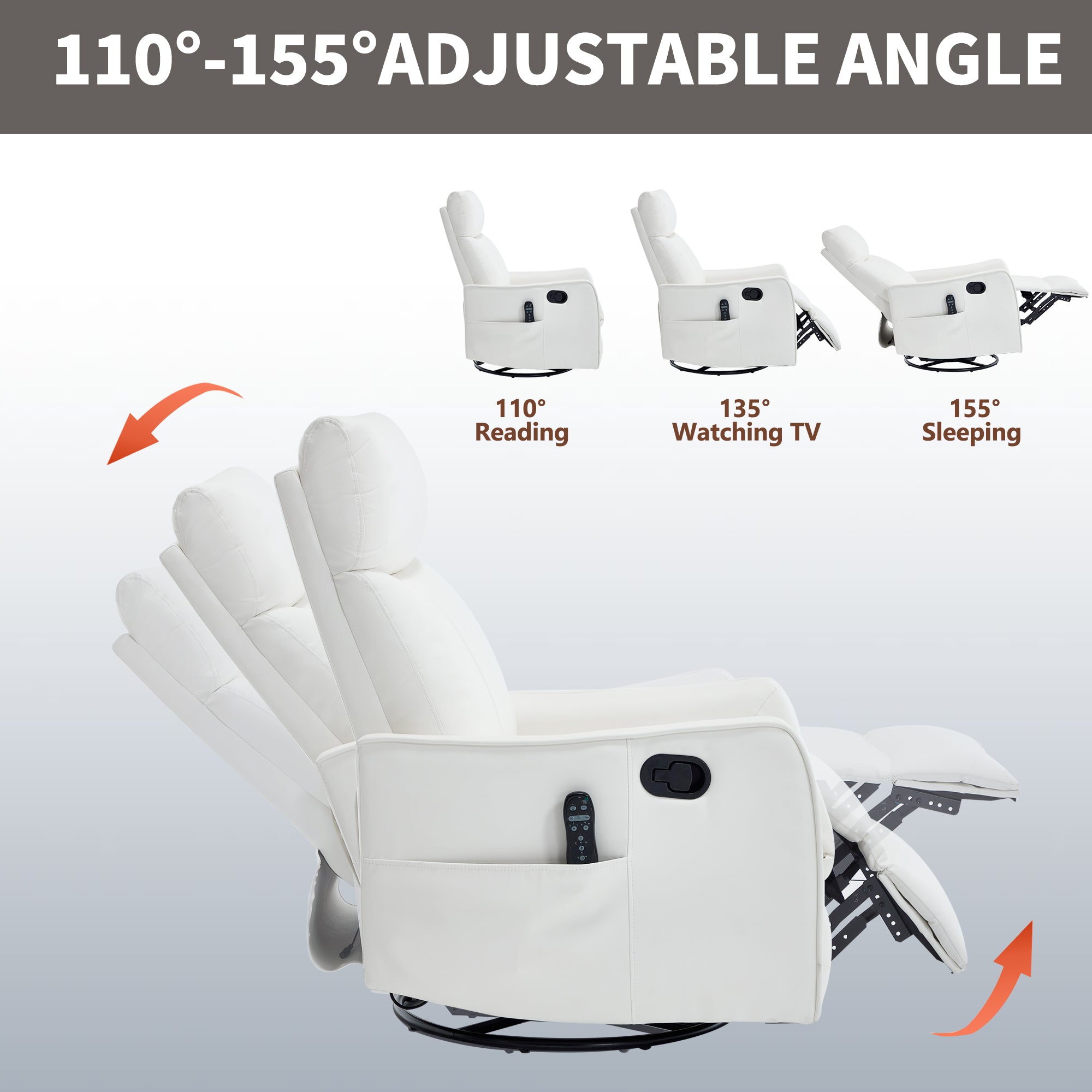 White Heat Massage Manual Recliner Chair with Rocker and Swivel